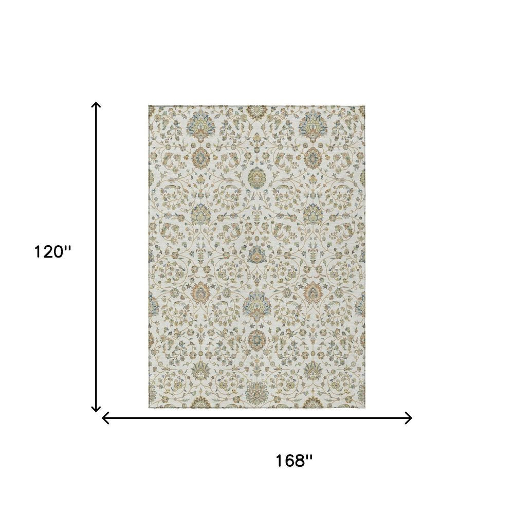 10' X 14' Ivory And Khaki Floral Washable Indoor Outdoor Area Rug HomeRoots