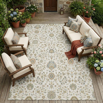 10' X 14' Ivory And Khaki Floral Washable Indoor Outdoor Area Rug