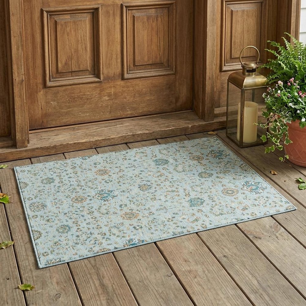 3' X 5' Sky Blue And Blue Floral Washable Indoor Outdoor Area Rug — view 5