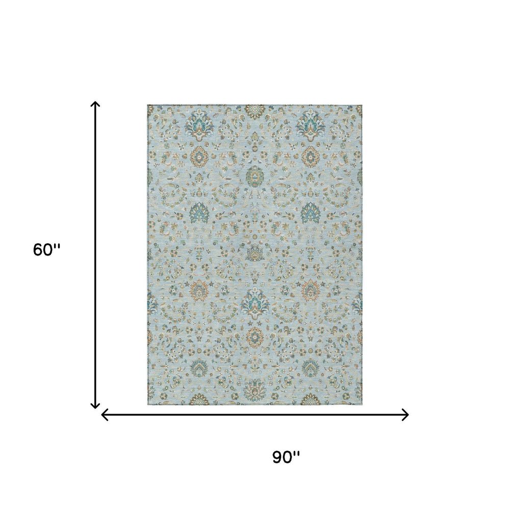 5' X 8' Sky Blue And Blue Floral Washable Indoor Outdoor Area Rug HomeRoots