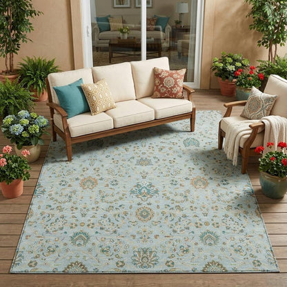 5' X 8' Sky Blue And Blue Floral Washable Indoor Outdoor Area Rug HomeRoots