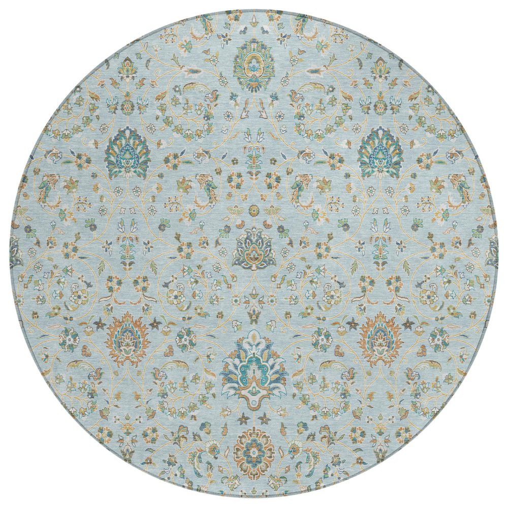 8' Sky Blue And Blue Round Floral Washable Indoor Outdoor Area Rug — view 1
