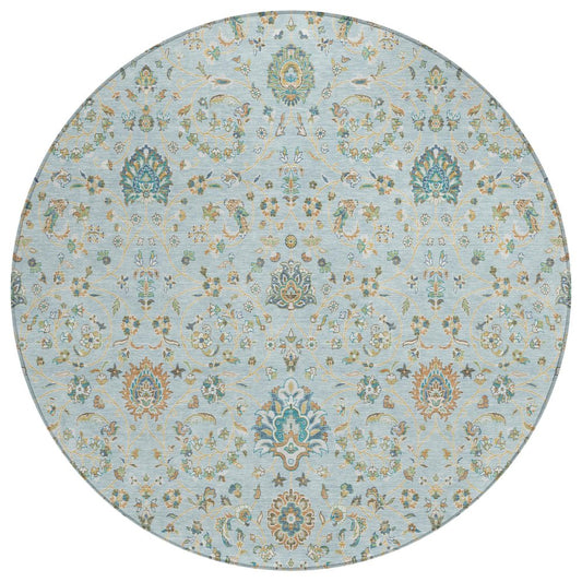 8' Sky Blue And Blue Round Floral Washable Indoor Outdoor Area Rug