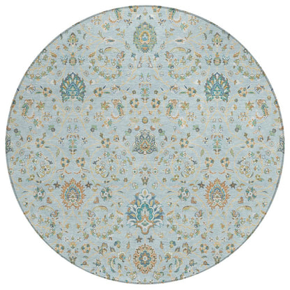 8' Sky Blue And Blue Round Floral Washable Indoor Outdoor Area Rug
