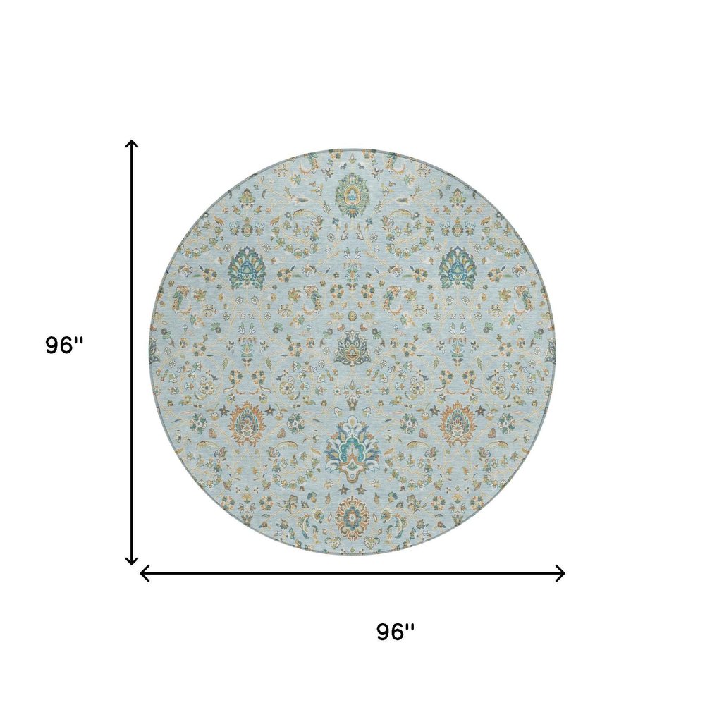 8' Sky Blue And Blue Round Floral Washable Indoor Outdoor Area Rug — view 4