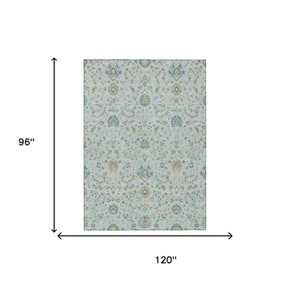 8' X 10' Sky Blue And Blue Floral Washable Indoor Outdoor Area Rug