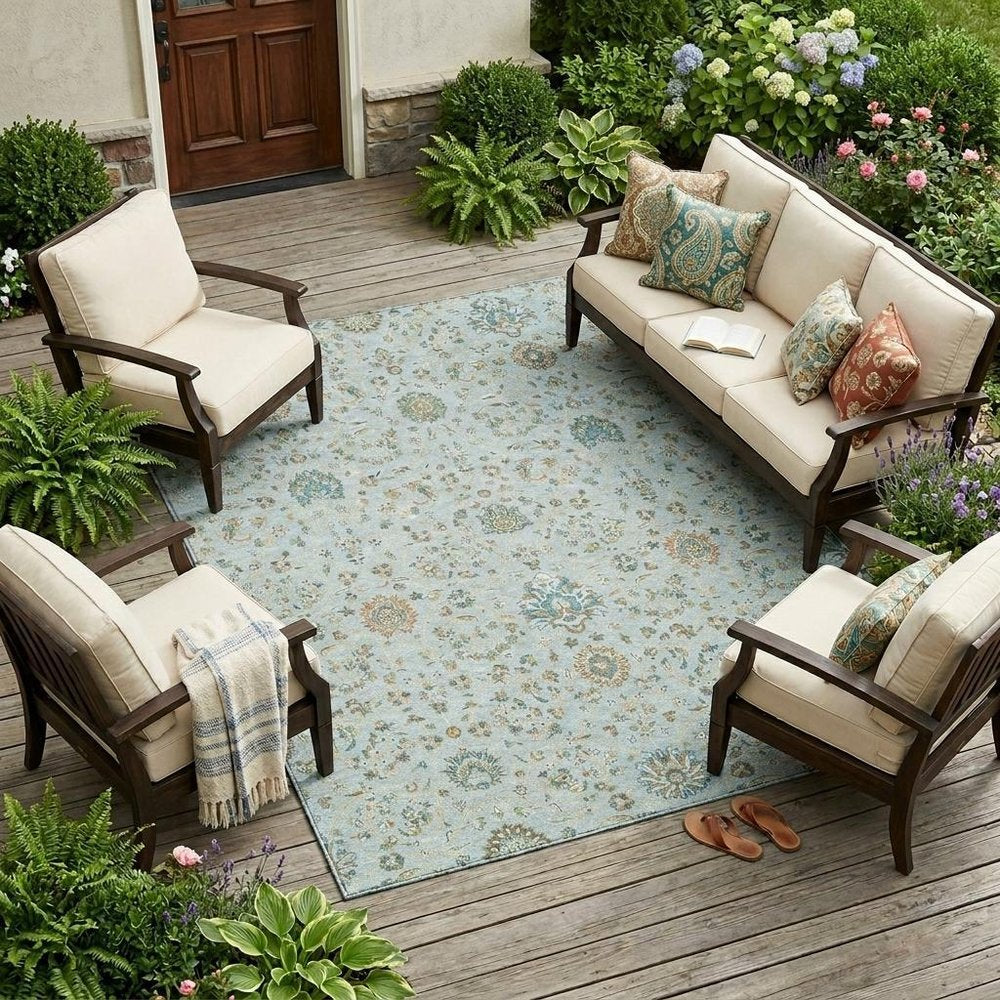 8' X 10' Sky Blue And Blue Floral Washable Indoor Outdoor Area Rug HomeRoots
