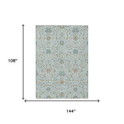 9' X 12' Sky Blue And Blue Floral Washable Indoor Outdoor Area Rug