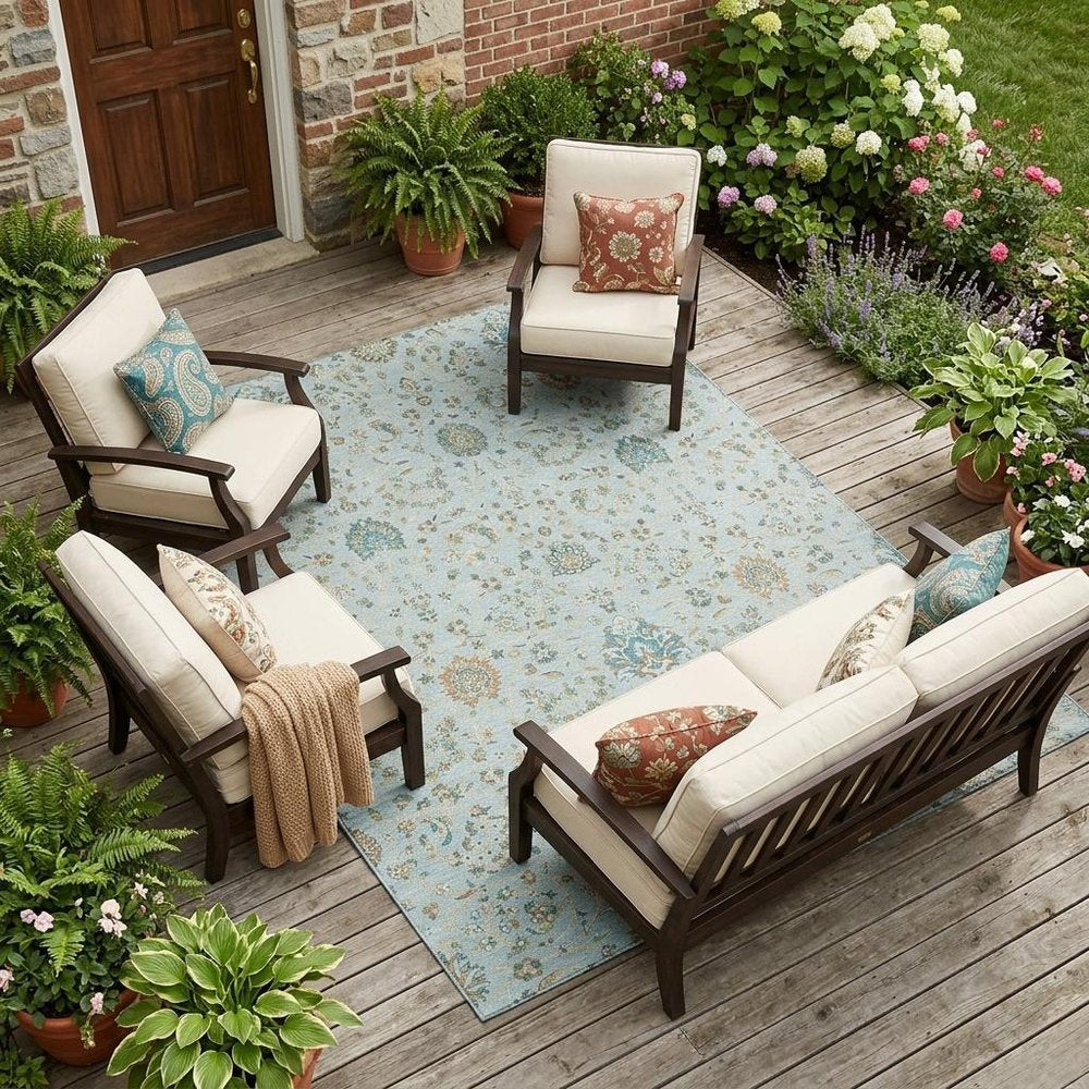 9' X 12' Sky Blue And Blue Floral Washable Indoor Outdoor Area Rug HomeRoots