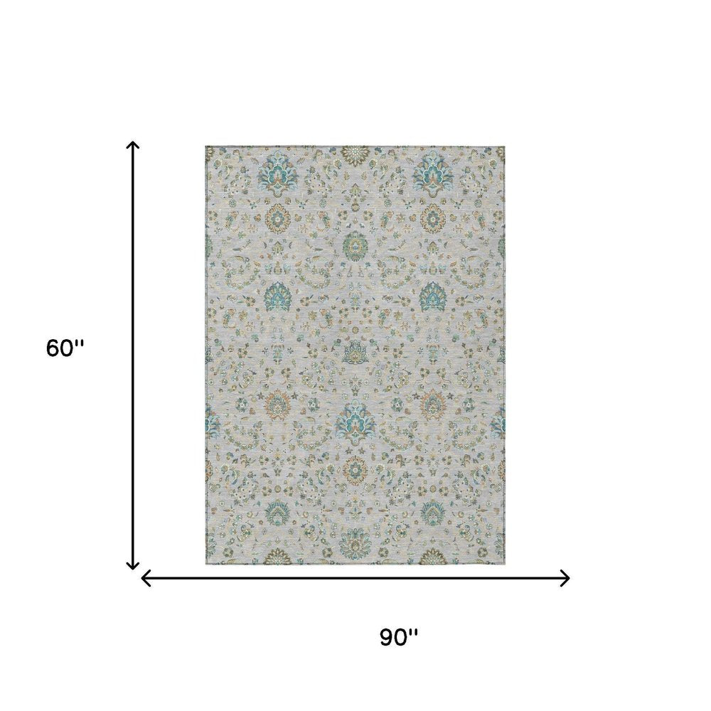 5' X 8' Silver And Gray Floral Washable Indoor Outdoor Area Rug