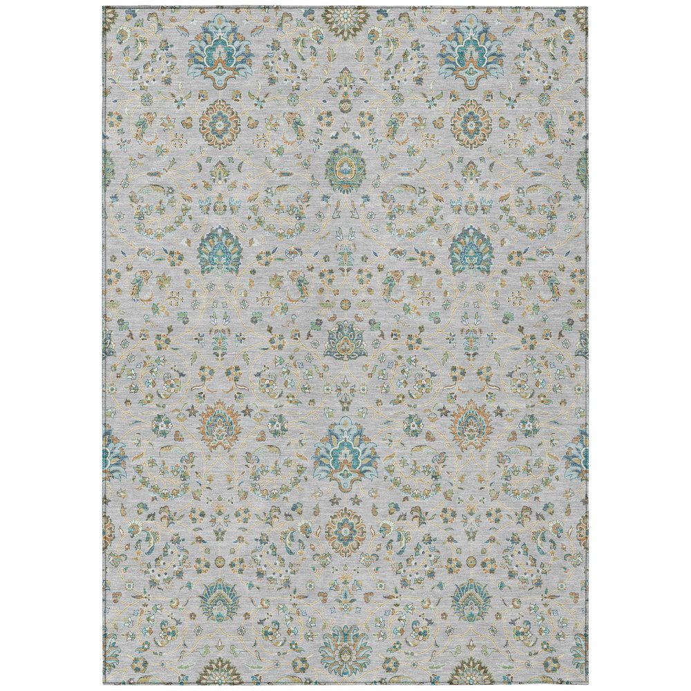 5' X 8' Silver And Gray Floral Washable Indoor Outdoor Area Rug