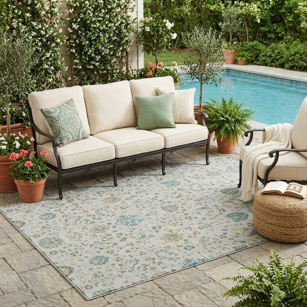 5' X 8' Silver And Gray Floral Washable Indoor Outdoor Area Rug — view 5