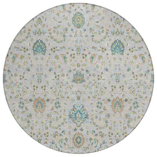 8' Silver And Gray Round Floral Washable Indoor Outdoor Area Rug