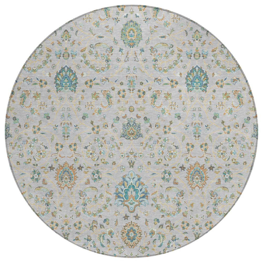8' Silver And Gray Round Floral Washable Indoor Outdoor Area Rug — view 1