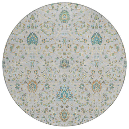 8' Silver And Gray Round Floral Washable Indoor Outdoor Area Rug