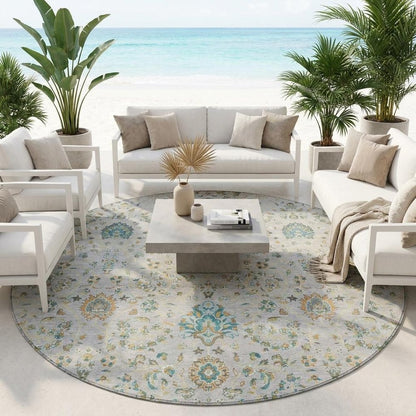 8' Silver And Gray Round Floral Washable Indoor Outdoor Area Rug HomeRoots