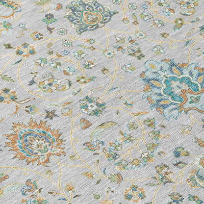 8' Silver And Gray Round Floral Washable Indoor Outdoor Area Rug HomeRoots