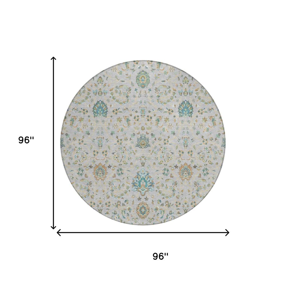 8' Silver And Gray Round Floral Washable Indoor Outdoor Area Rug