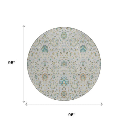 8' Silver And Gray Round Floral Washable Indoor Outdoor Area Rug HomeRoots