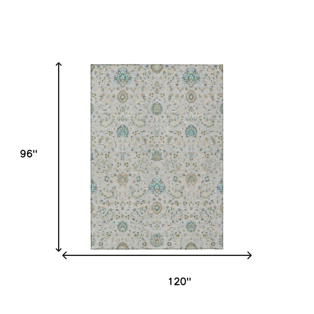 8' X 10' Silver And Gray Floral Washable Indoor Outdoor Area Rug