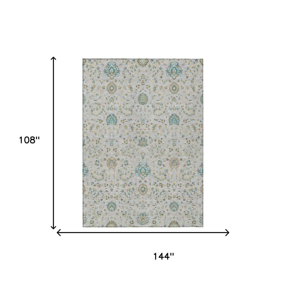9' X 12' Silver And Gray Floral Washable Indoor Outdoor Area Rug HomeRoots