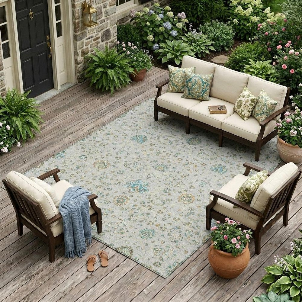 9' X 12' Silver And Gray Floral Washable Indoor Outdoor Area Rug — view 5
