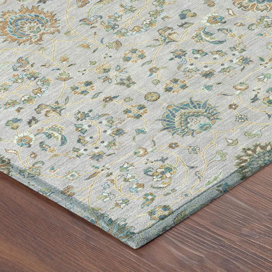 10' X 14' Silver And Gray Floral Washable Indoor Outdoor Area Rug