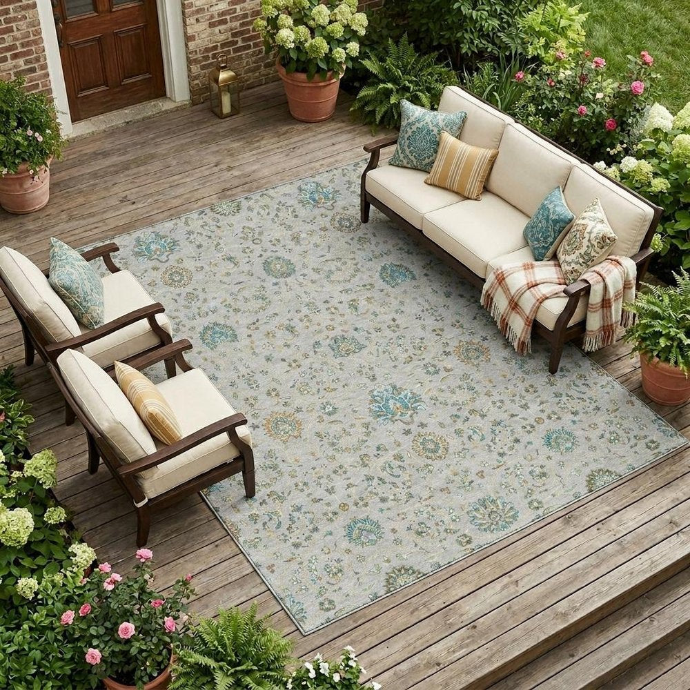 10' X 14' Silver And Gray Floral Washable Indoor Outdoor Area Rug — view 5