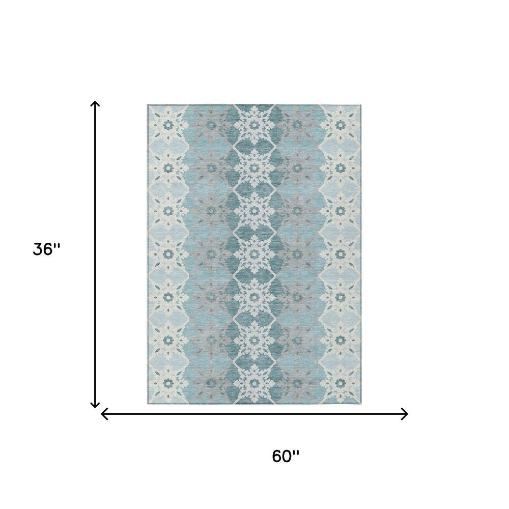 3' X 5' Aqua And Teal Blue Floral Medallion Washable Indoor Outdoor Area Rug HomeRoots