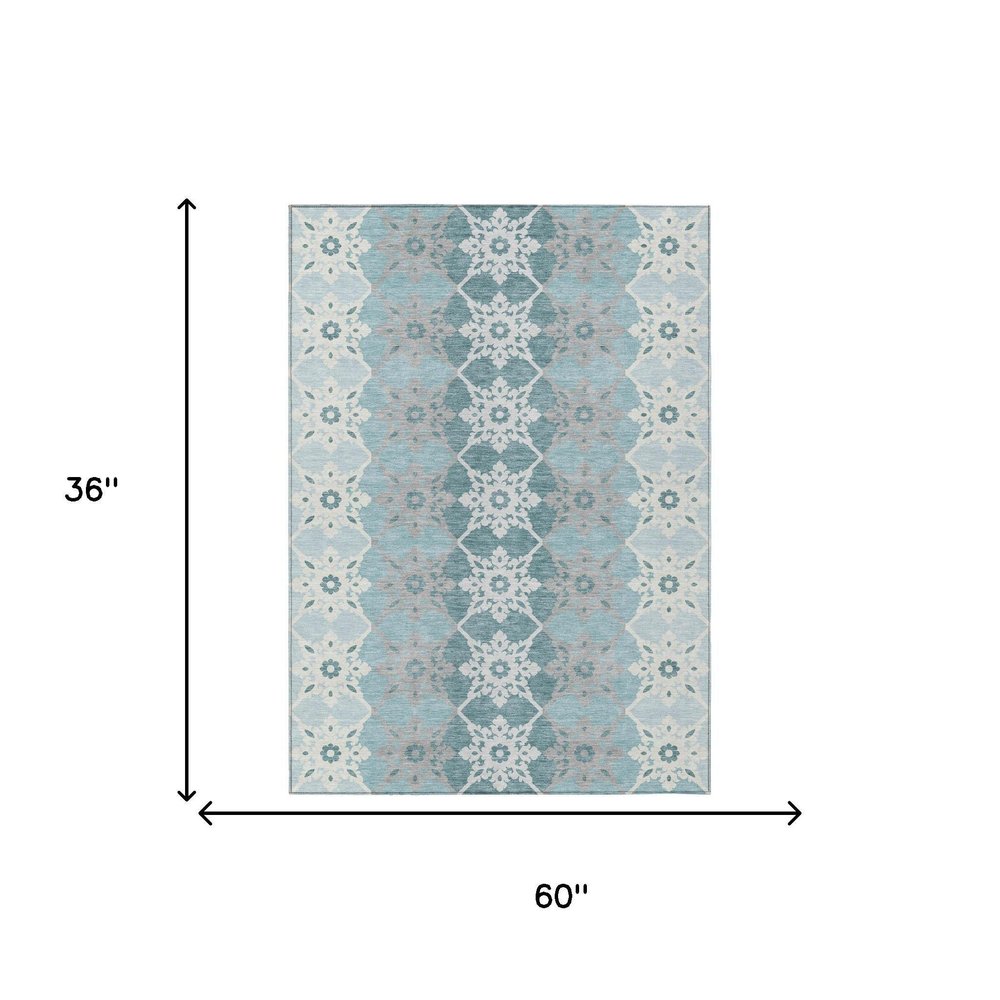 3' X 5' Aqua And Teal Blue Floral Medallion Washable Indoor Outdoor Area Rug — view 4