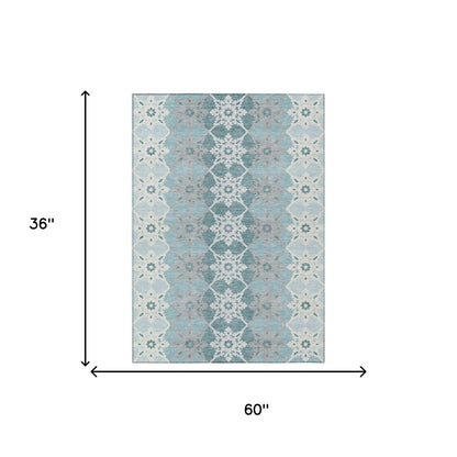 3' X 5' Aqua And Teal Blue Floral Medallion Washable Indoor Outdoor Area Rug