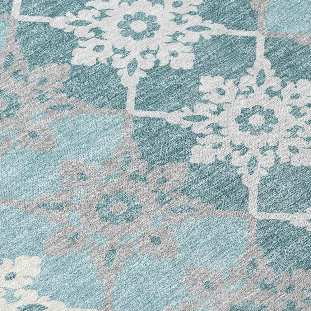 3' X 5' Aqua And Teal Blue Floral Medallion Washable Indoor Outdoor Area Rug — view 3