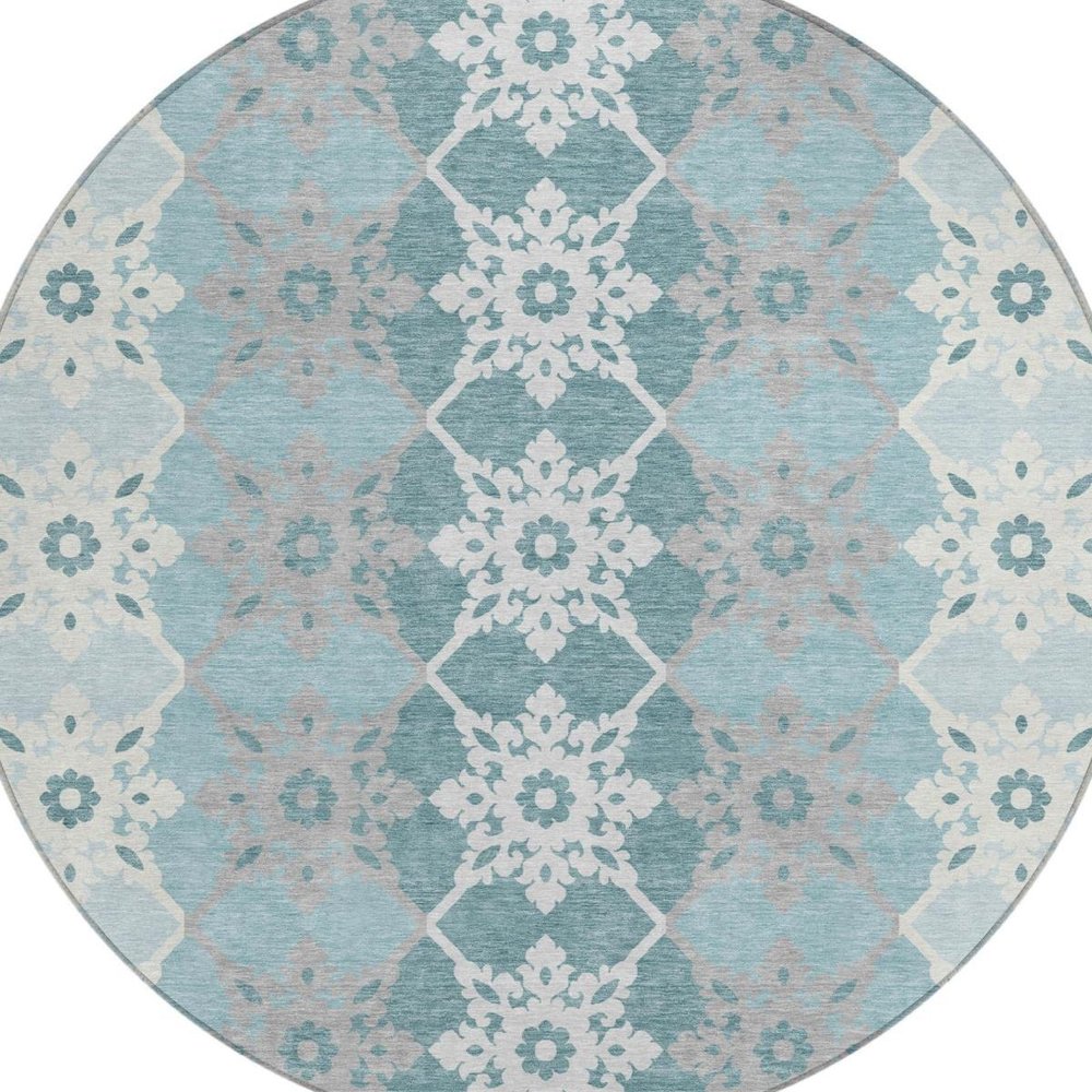 8' Aqua And Teal Blue Round Floral Medallion Washable Indoor Outdoor Area Rug — view 7