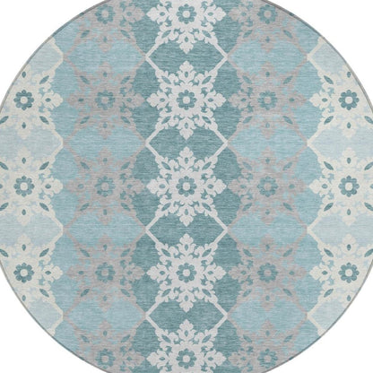 8' Aqua And Teal Blue Round Floral Medallion Washable Indoor Outdoor Area Rug