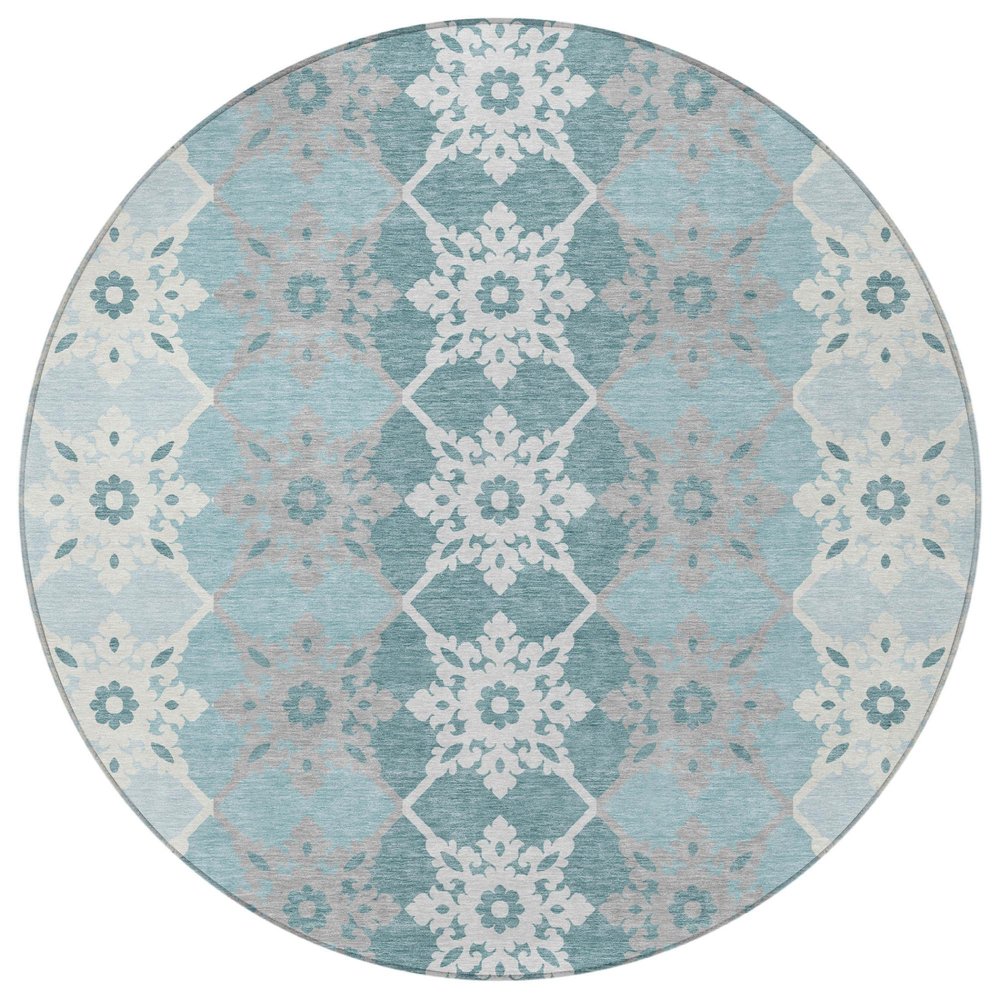8' Aqua And Teal Blue Round Floral Medallion Washable Indoor Outdoor Area Rug