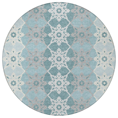8' Aqua And Teal Blue Round Floral Medallion Washable Indoor Outdoor Area Rug