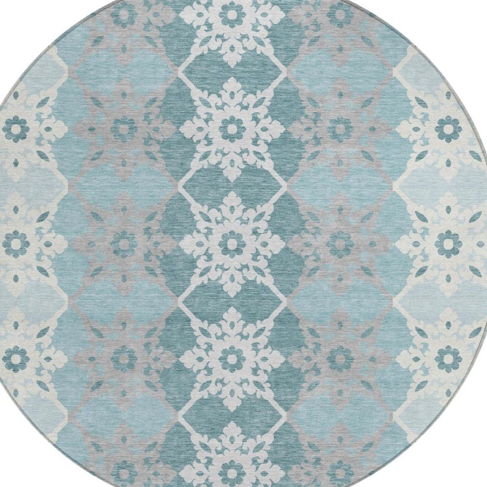 8' Aqua And Teal Blue Round Floral Medallion Washable Indoor Outdoor Area Rug