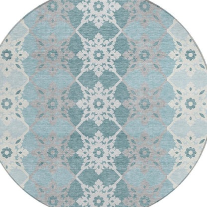 8' Aqua And Teal Blue Round Floral Medallion Washable Indoor Outdoor Area Rug