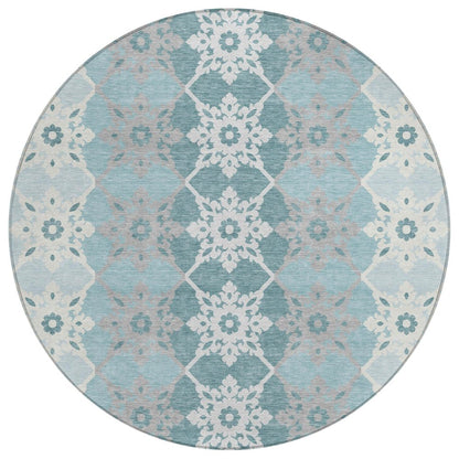 8' Aqua And Teal Blue Round Floral Medallion Washable Indoor Outdoor Area Rug
