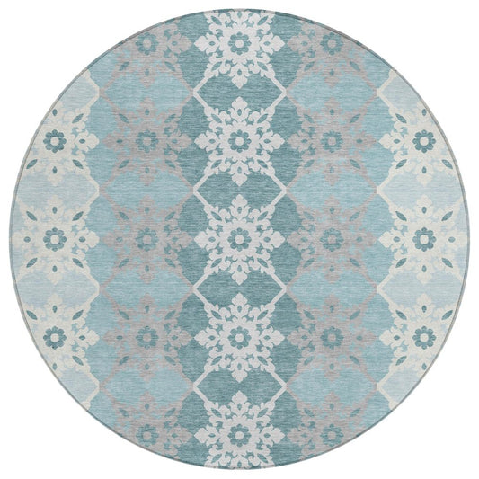 8' Aqua And Teal Blue Round Floral Medallion Washable Indoor Outdoor Area Rug