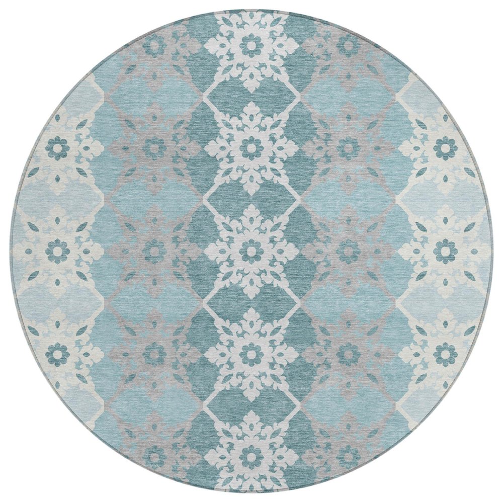 8' Aqua And Teal Blue Round Floral Medallion Washable Indoor Outdoor Area Rug — view 1