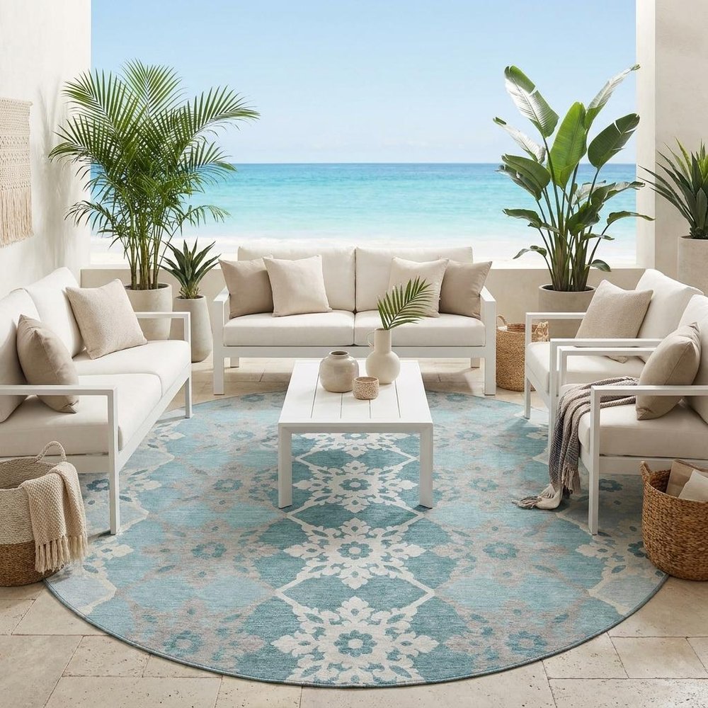 8' Aqua And Teal Blue Round Floral Medallion Washable Indoor Outdoor Area Rug
