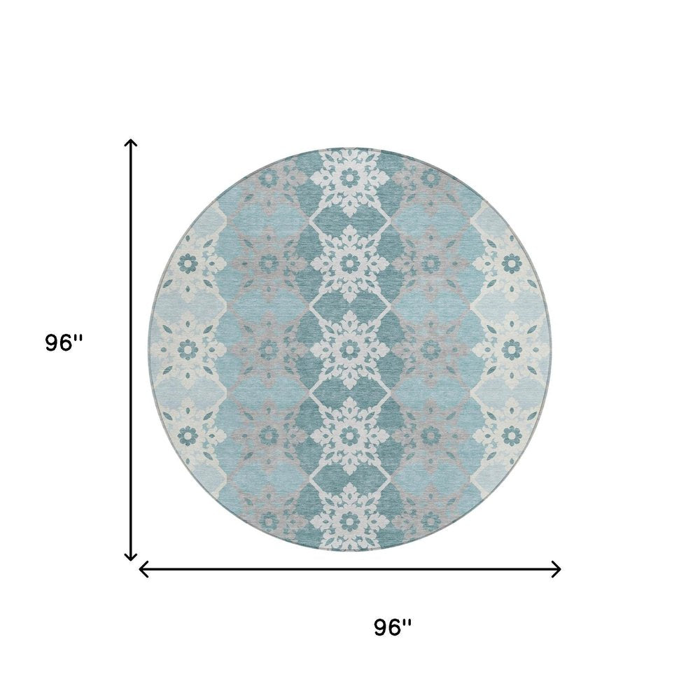 8' Aqua And Teal Blue Round Floral Medallion Washable Indoor Outdoor Area Rug — view 4