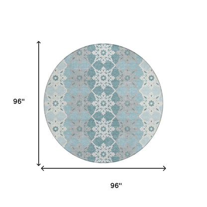 8' Aqua And Teal Blue Round Floral Medallion Washable Indoor Outdoor Area Rug HomeRoots