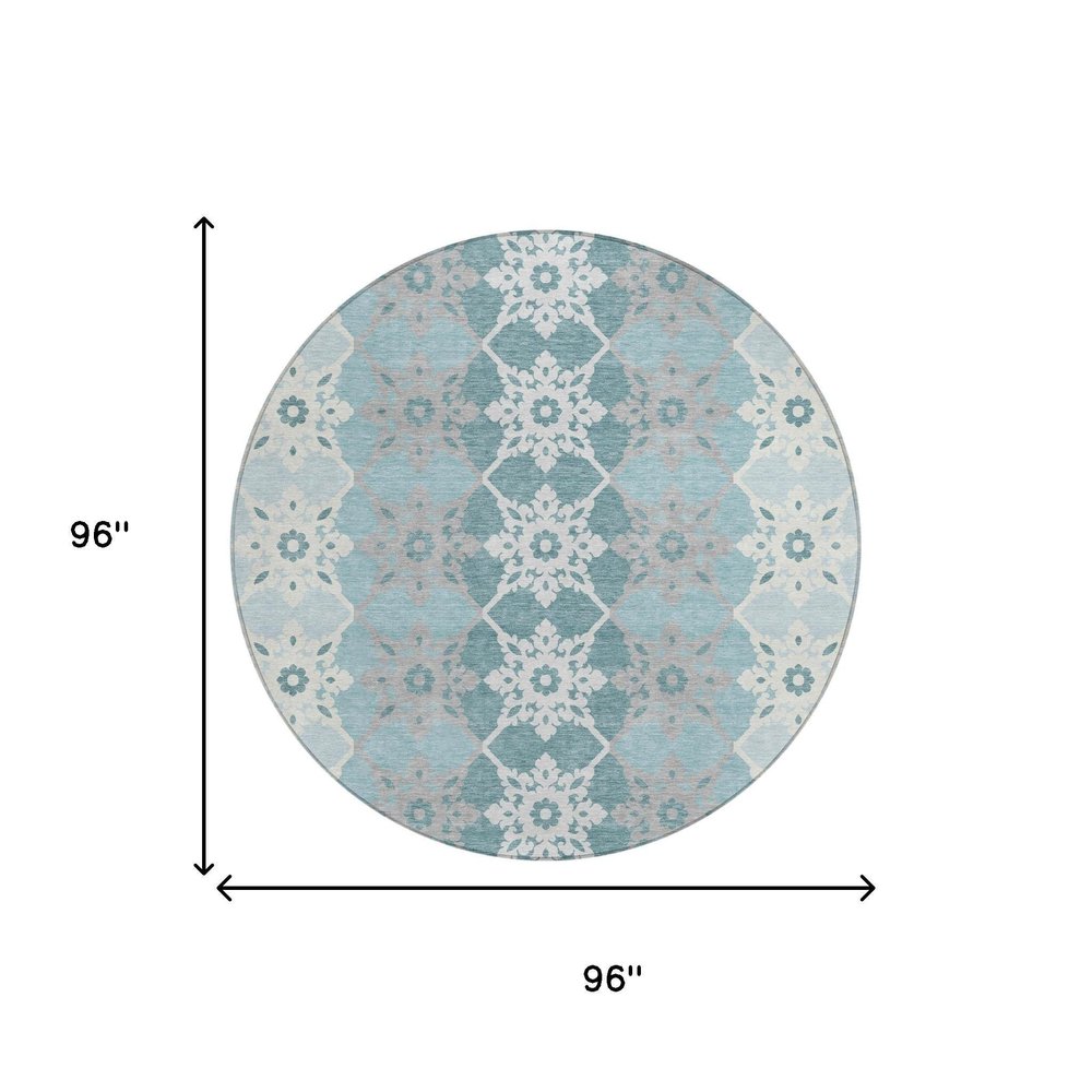 8' Aqua And Teal Blue Round Floral Medallion Washable Indoor Outdoor Area Rug