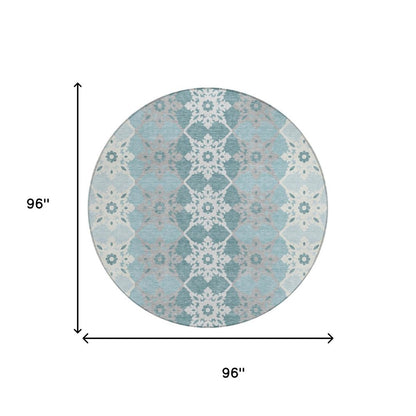8' Aqua And Teal Blue Round Floral Medallion Washable Indoor Outdoor Area Rug