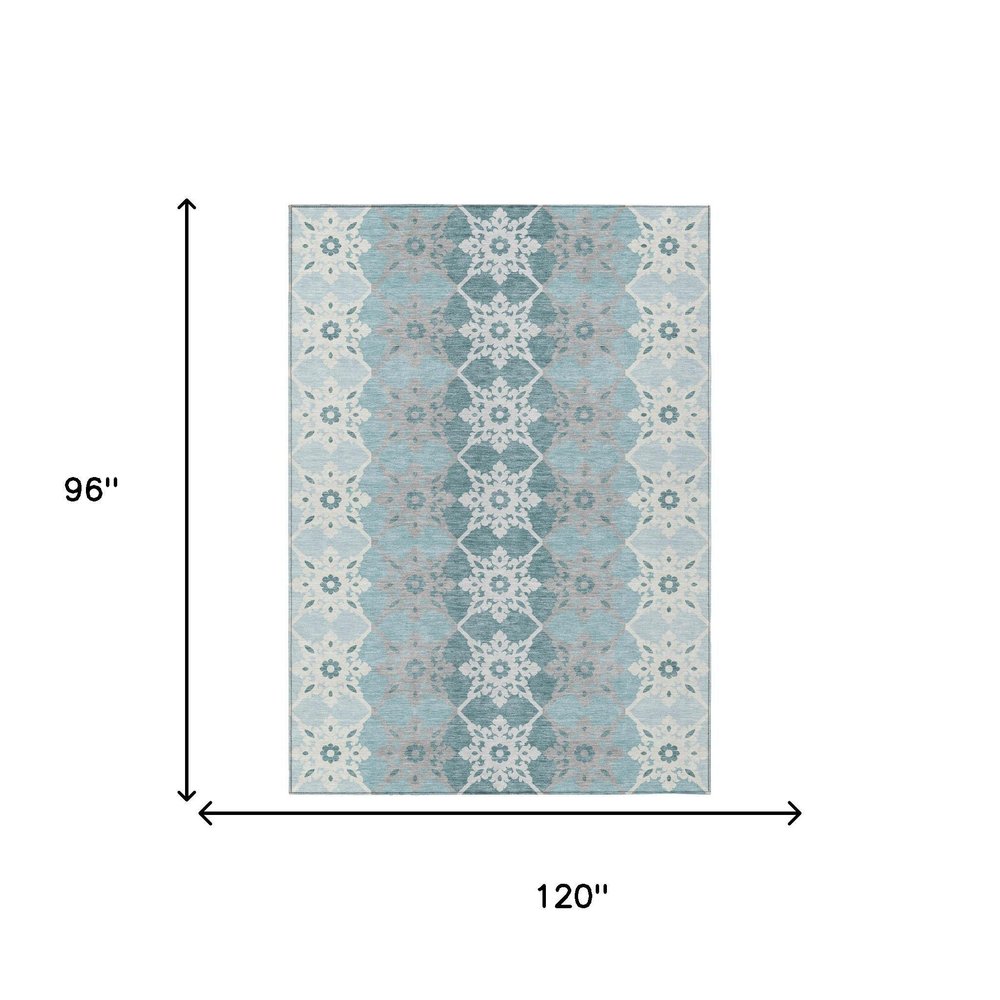 8' X 10' Aqua And Teal Blue Floral Medallion Washable Indoor Outdoor Area Rug