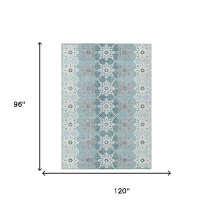 8' X 10' Aqua And Teal Blue Floral Medallion Washable Indoor Outdoor Area Rug