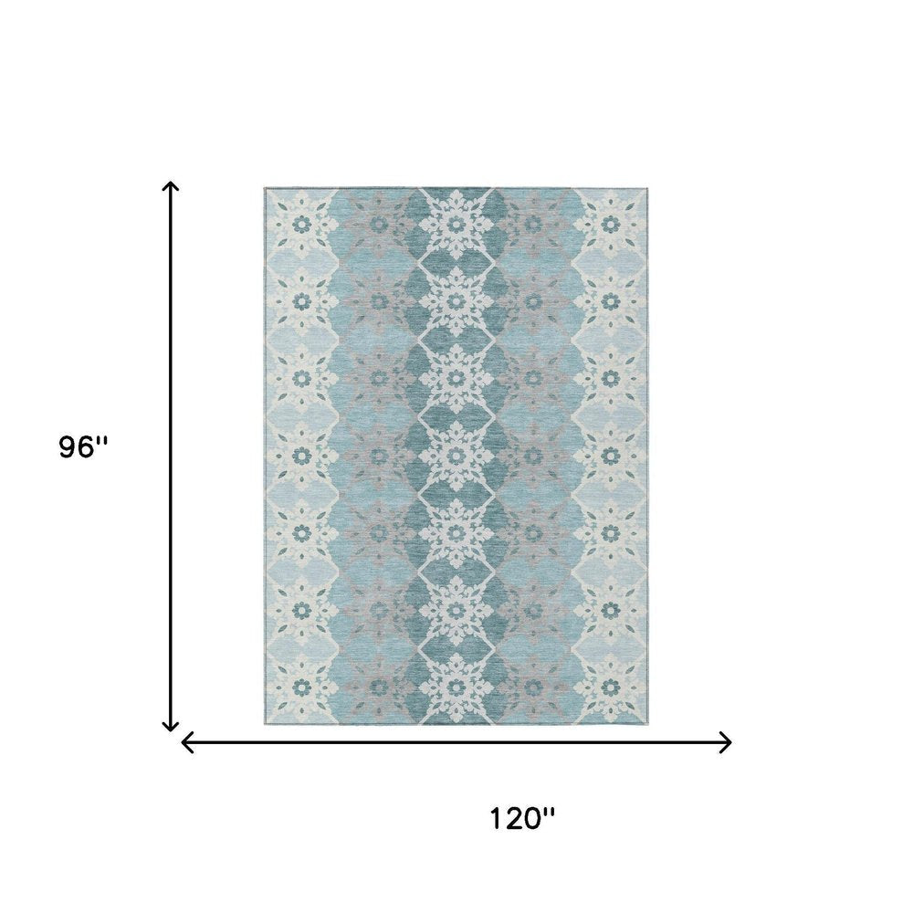 8' X 10' Aqua And Teal Blue Floral Medallion Washable Indoor Outdoor Area Rug HomeRoots