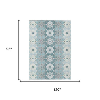 8' X 10' Aqua And Teal Blue Floral Medallion Washable Indoor Outdoor Area Rug HomeRoots
